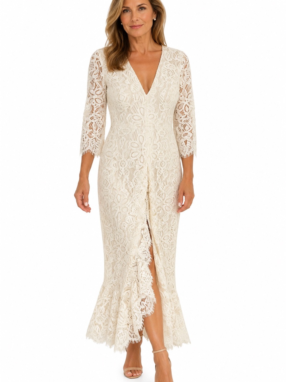 Elegant Lace V-Neck Midi Dress in Cream